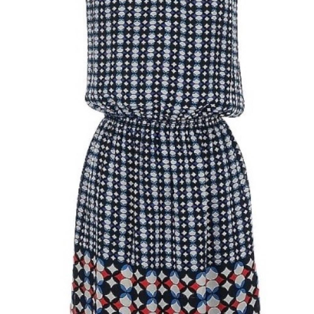 Max Studio Navy Geometric Midi Dress with Red & White Accents
